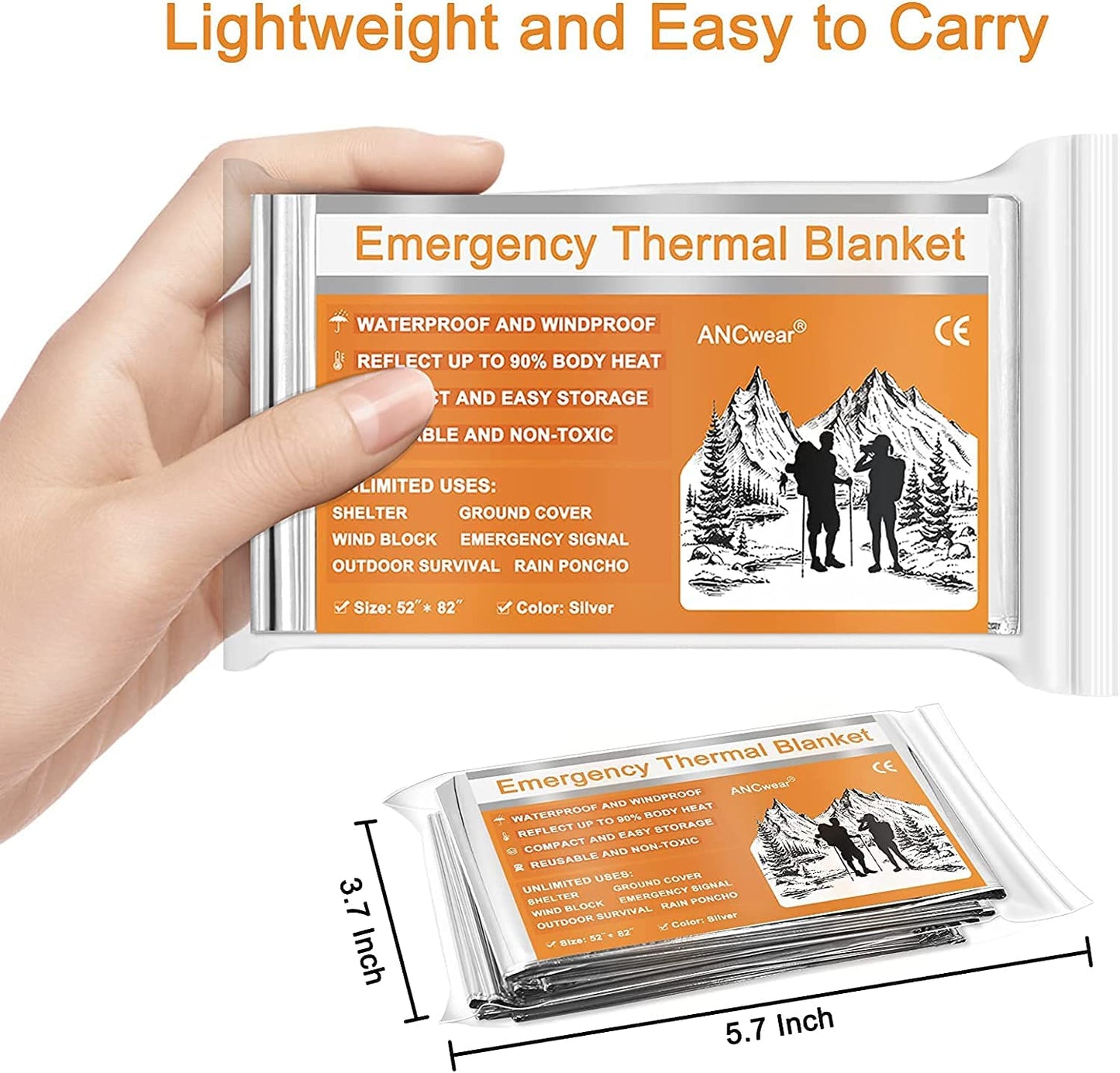 ANCwear Emergency Blankets 52"x82" for Outdoors,Hiking,Survival or First Aid