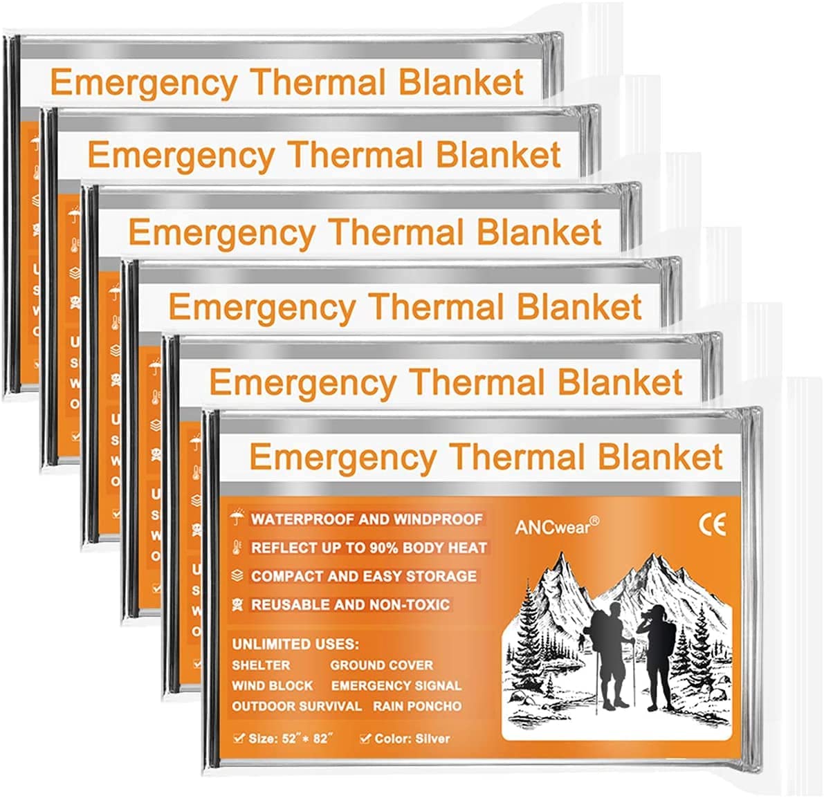 ANCwear Emergency Blankets 52"x82" for Outdoors,Hiking,Survival or First Aid