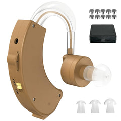 Hearing Amplifier for Seniors, Behind-the-Ear with Volume Control Behind-the-ear sound amplifier with manual volume control, replaceable LR44 battery power and 10 batteries included