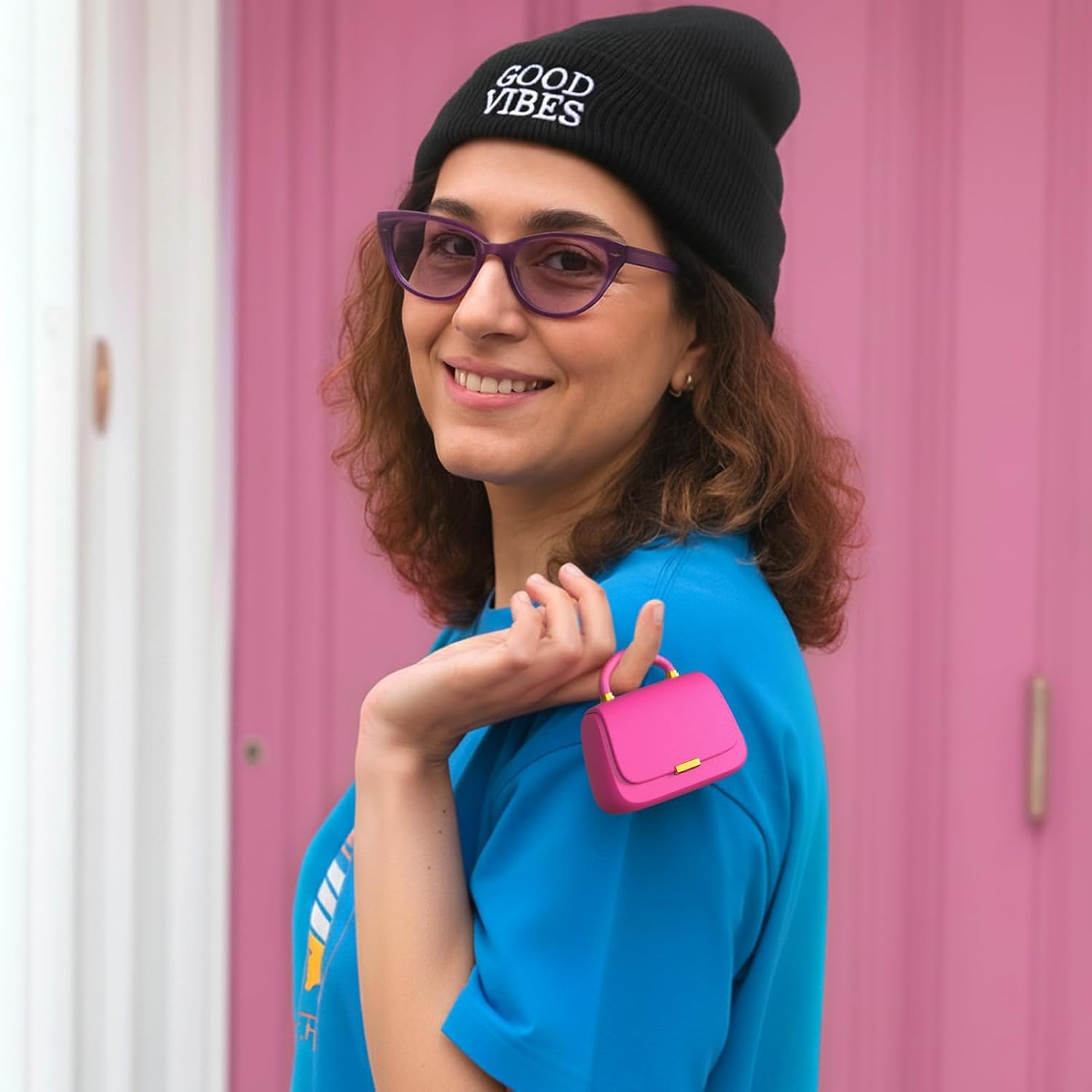 ANCwear Hot Pink Wireless Earbuds, Mini Handbag Charging Case, 22H Playtime Bluetooth 5.3, 13mm Drivers, 3.5g Earbuds, Touch Controls & 26 DIY Stickers for Music, Calls and Gifts