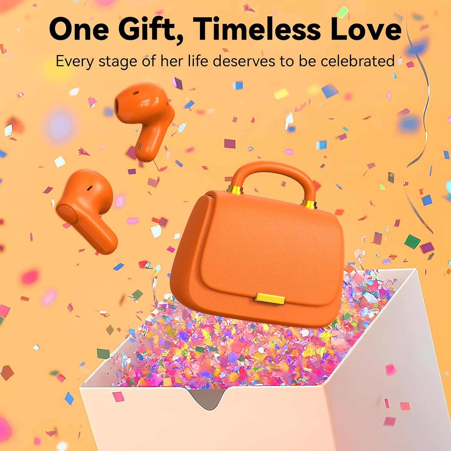 ANCwear Wireless Earbuds with Mini Handbag Case, 22H Playtime, Orange Bluetooth 5.3, 13mm drivers, touch controls and DIY stickers for music, calls, travel, everyday wear and gifting