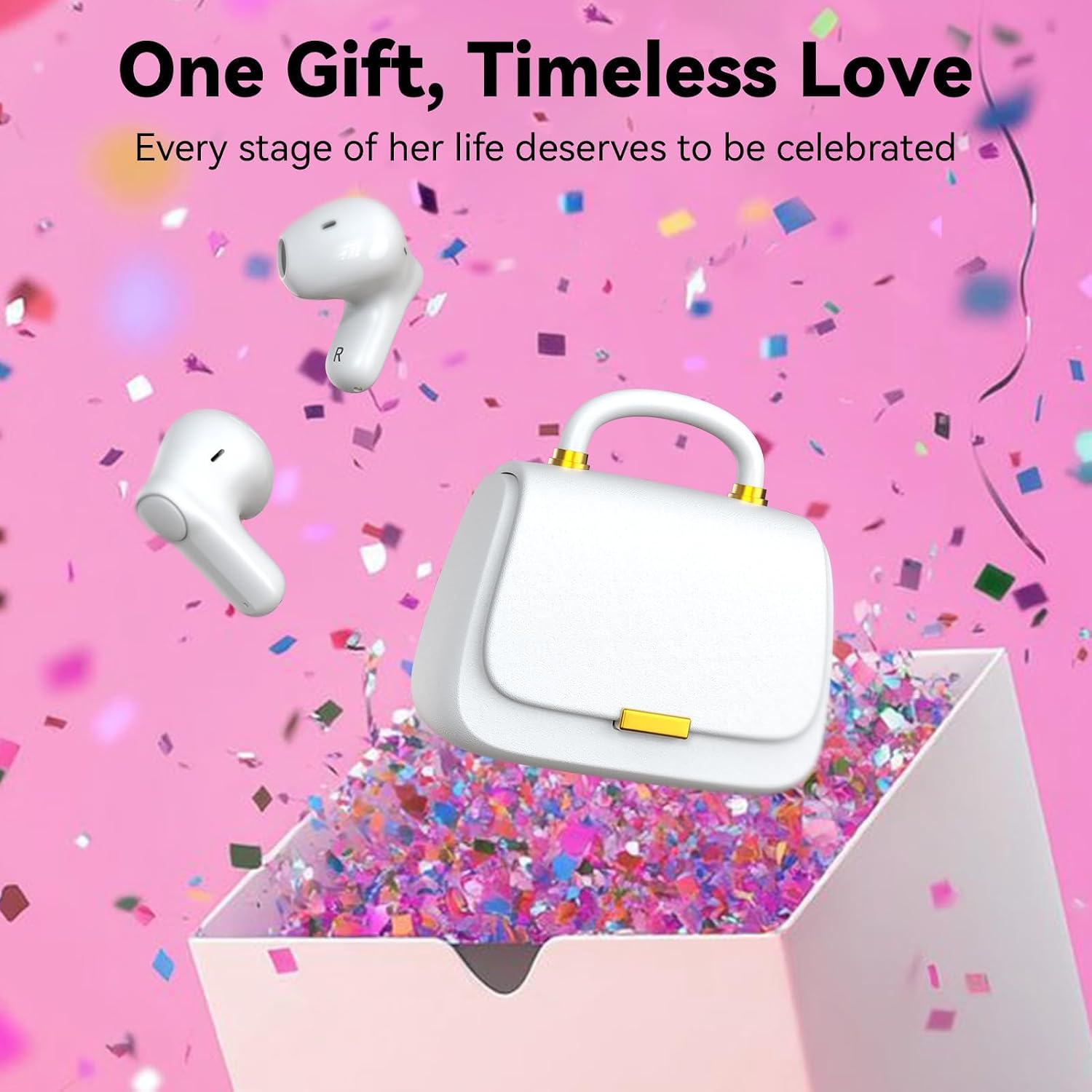 ANCwear Wireless Earbuds with Mini Handbag Case, 22H Playtime, Pearl White Bluetooth 5.3, 13mm drivers, touch controls and DIY stickers for music, calls, travel, everyday wear and gifting