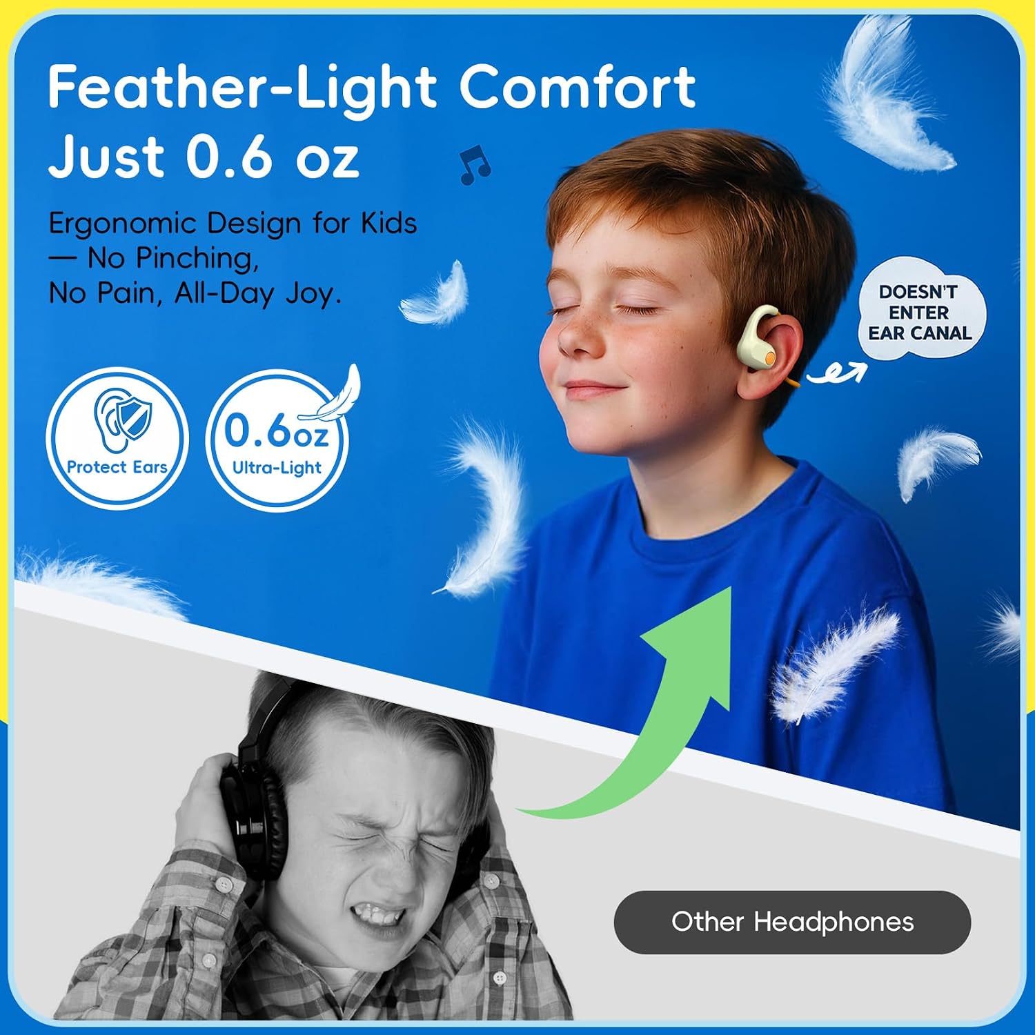ANCwear Kids Open Ear Headphones, 85dB Volume Limit, Ages 5+ 17g air conduction design with IPX6 water resistance, mic, magnetic charging and 10H battery for school, sports and travel