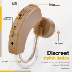 Hearing Amplifier for Seniors, Behind-the-Ear with Volume Control Behind-the-ear sound amplifier with manual volume control, replaceable LR44 battery power and 10 batteries included