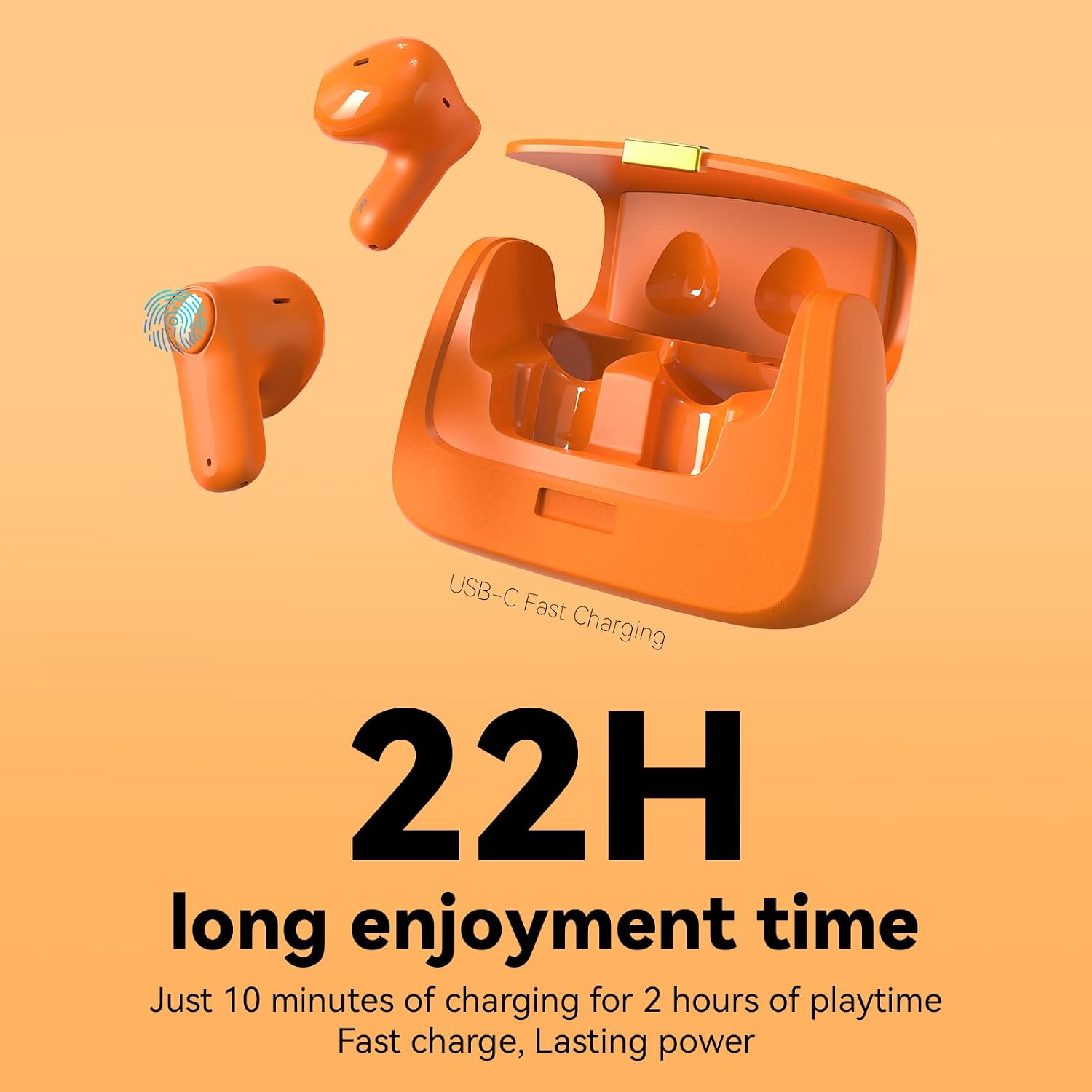 ANCwear Wireless Earbuds with Mini Handbag Case, 22H Playtime, Orange Bluetooth 5.3, 13mm drivers, touch controls and DIY stickers for music, calls, travel, everyday wear and gifting