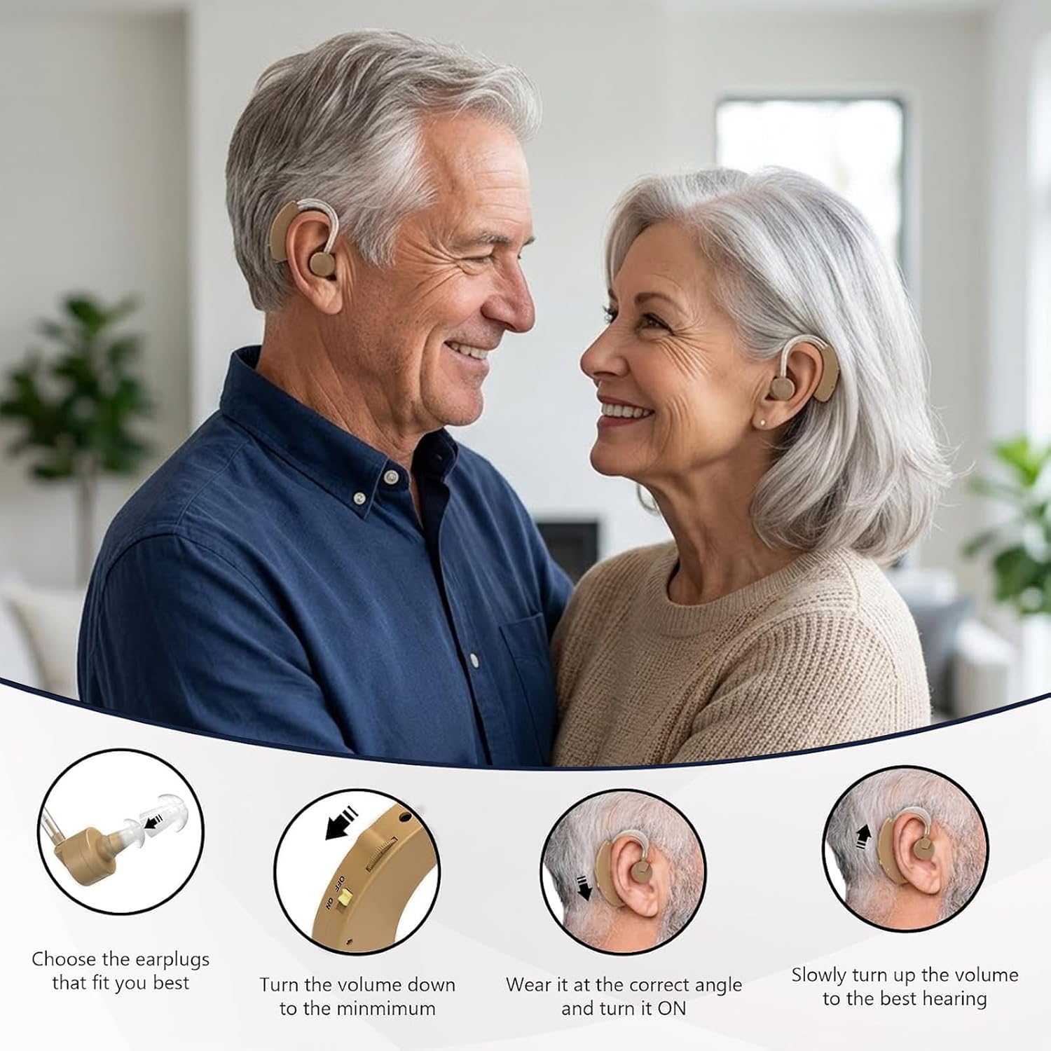 Hearing Amplifier for Seniors, Behind-the-Ear with Volume Control Behind-the-ear sound amplifier with manual volume control, replaceable LR44 battery power and 10 batteries included