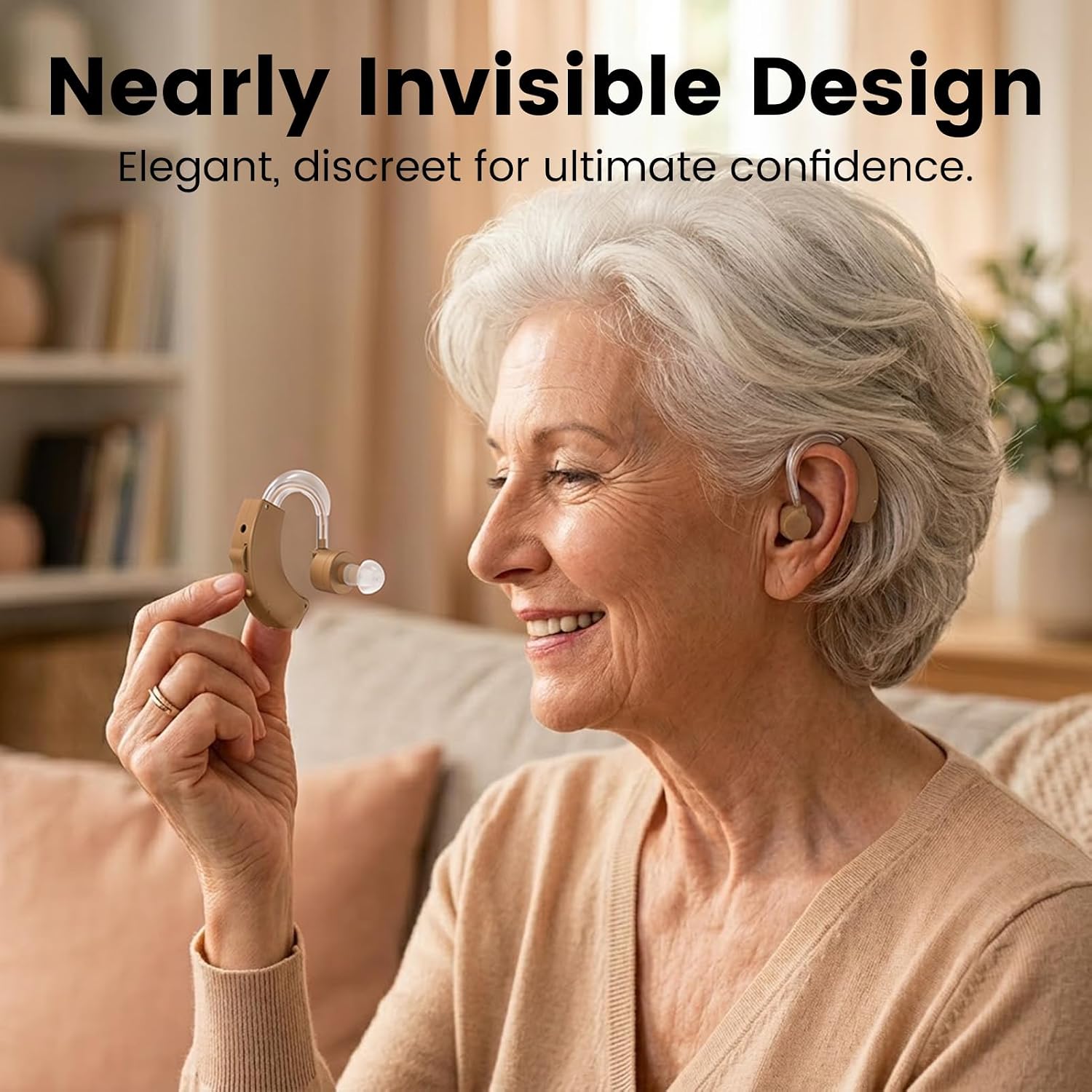Hearing Amplifier for Seniors, Behind-the-Ear with Volume Control Behind-the-ear sound amplifier with manual volume control, replaceable LR44 battery power and 10 batteries included