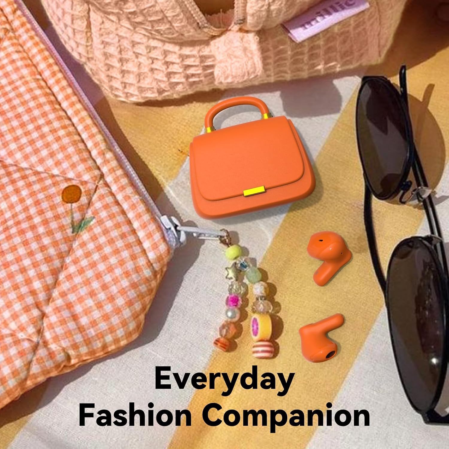 ANCwear Wireless Earbuds with Mini Handbag Case, 22H Playtime, Orange Bluetooth 5.3, 13mm drivers, touch controls and DIY stickers for music, calls, travel, everyday wear and gifting