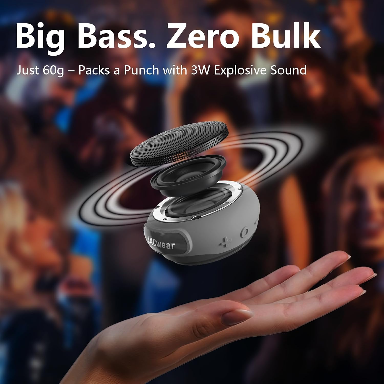 ANCwear Wearable Bluetooth Speaker with Clip, 3-Way Portable Mini Speaker 60g wearable speaker for work, walking and travel with wristband, clip and hanger, IPX6 splash resistance and 9.5H playtime