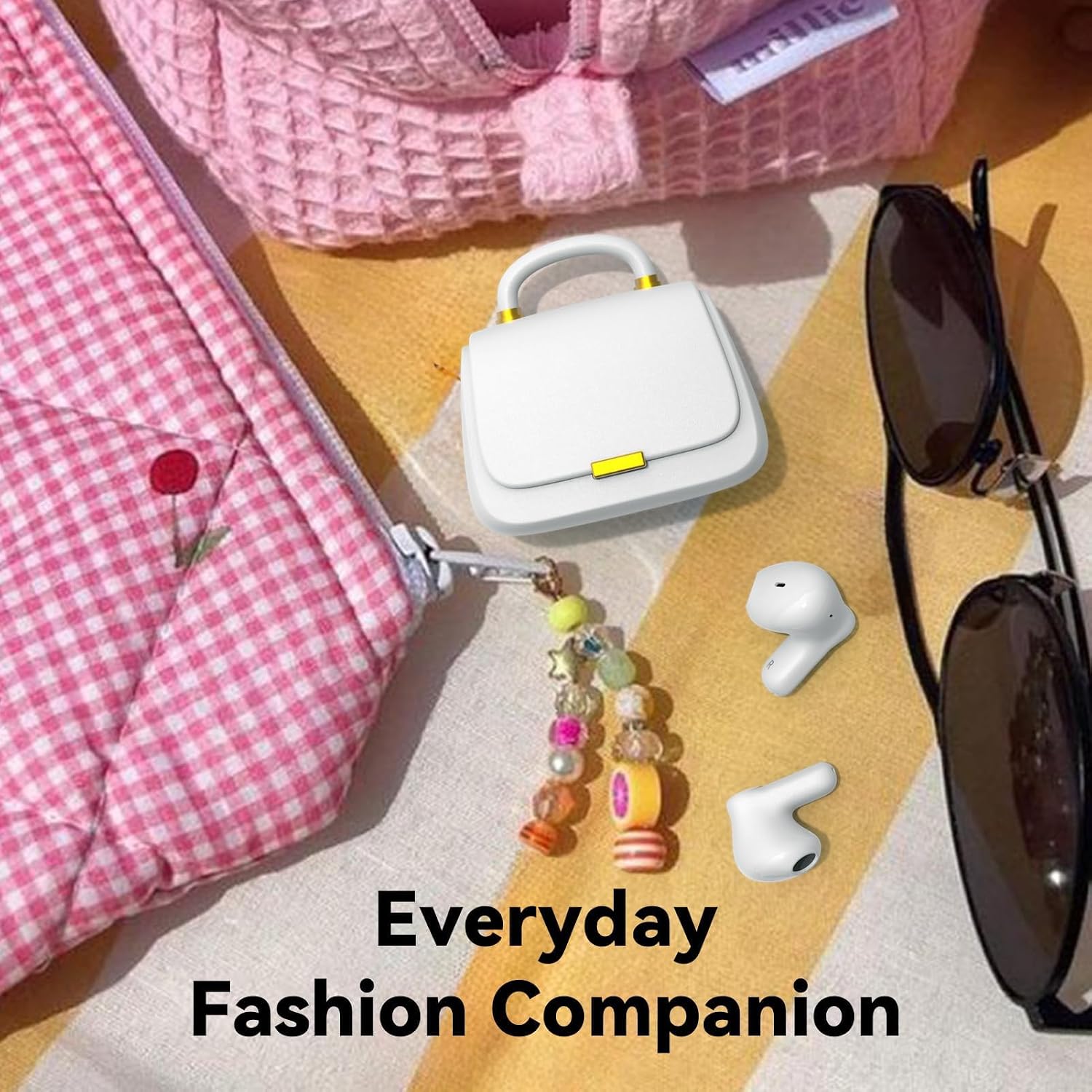 ANCwear Wireless Earbuds with Mini Handbag Case, 22H Playtime, Pearl White Bluetooth 5.3, 13mm drivers, touch controls and DIY stickers for music, calls, travel, everyday wear and gifting