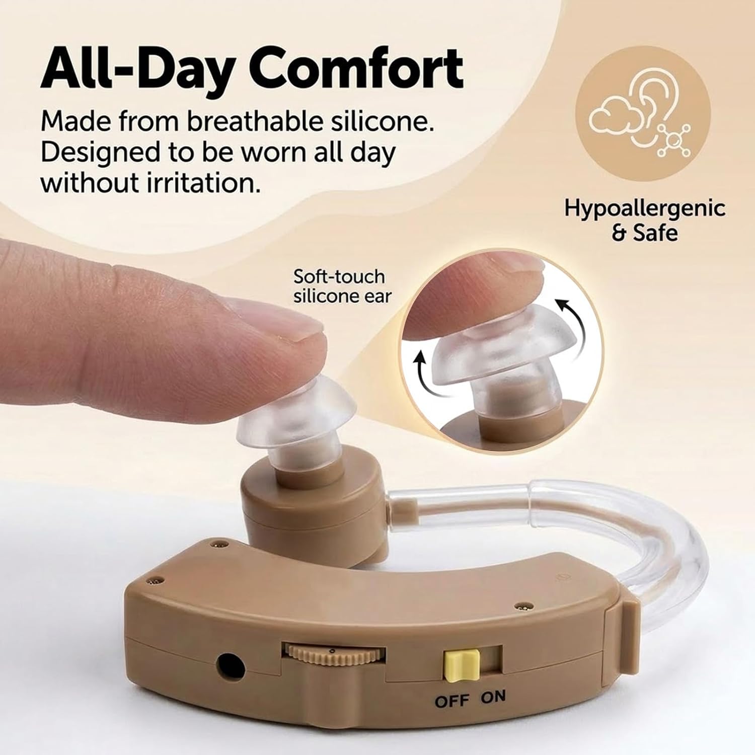 Hearing Amplifier for Seniors, Behind-the-Ear with Volume Control Behind-the-ear sound amplifier with manual volume control, replaceable LR44 battery power and 10 batteries included