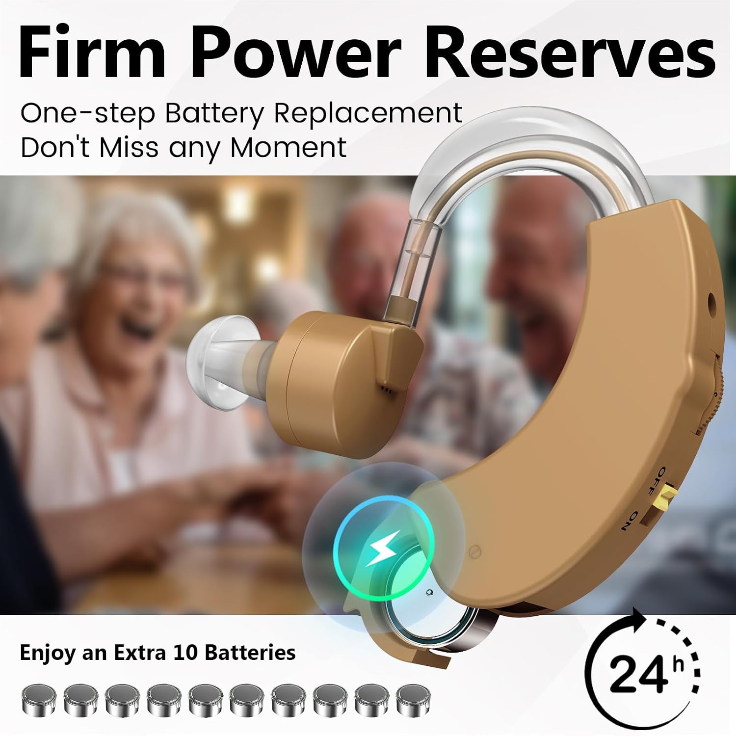 Hearing Amplifier for Seniors, Behind-the-Ear with Volume Control Behind-the-ear sound amplifier with manual volume control, replaceable LR44 battery power and 10 batteries included